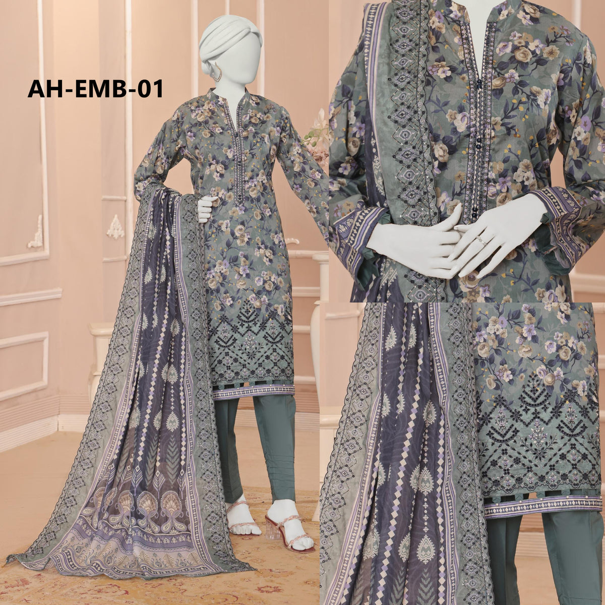 ALMEERAH - Unstitch Embroidery 3pc Lawn