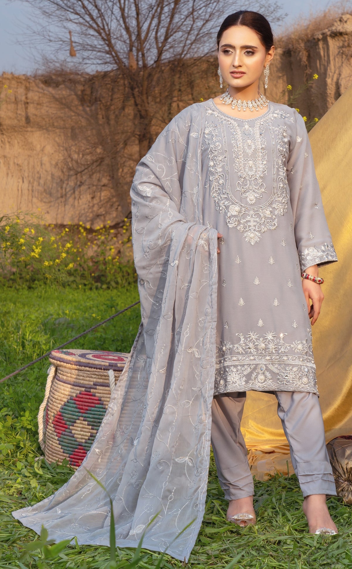 RANG-E-FALAK by Saimb - Stitched Embroidered 3PC Crinkle Chiffon