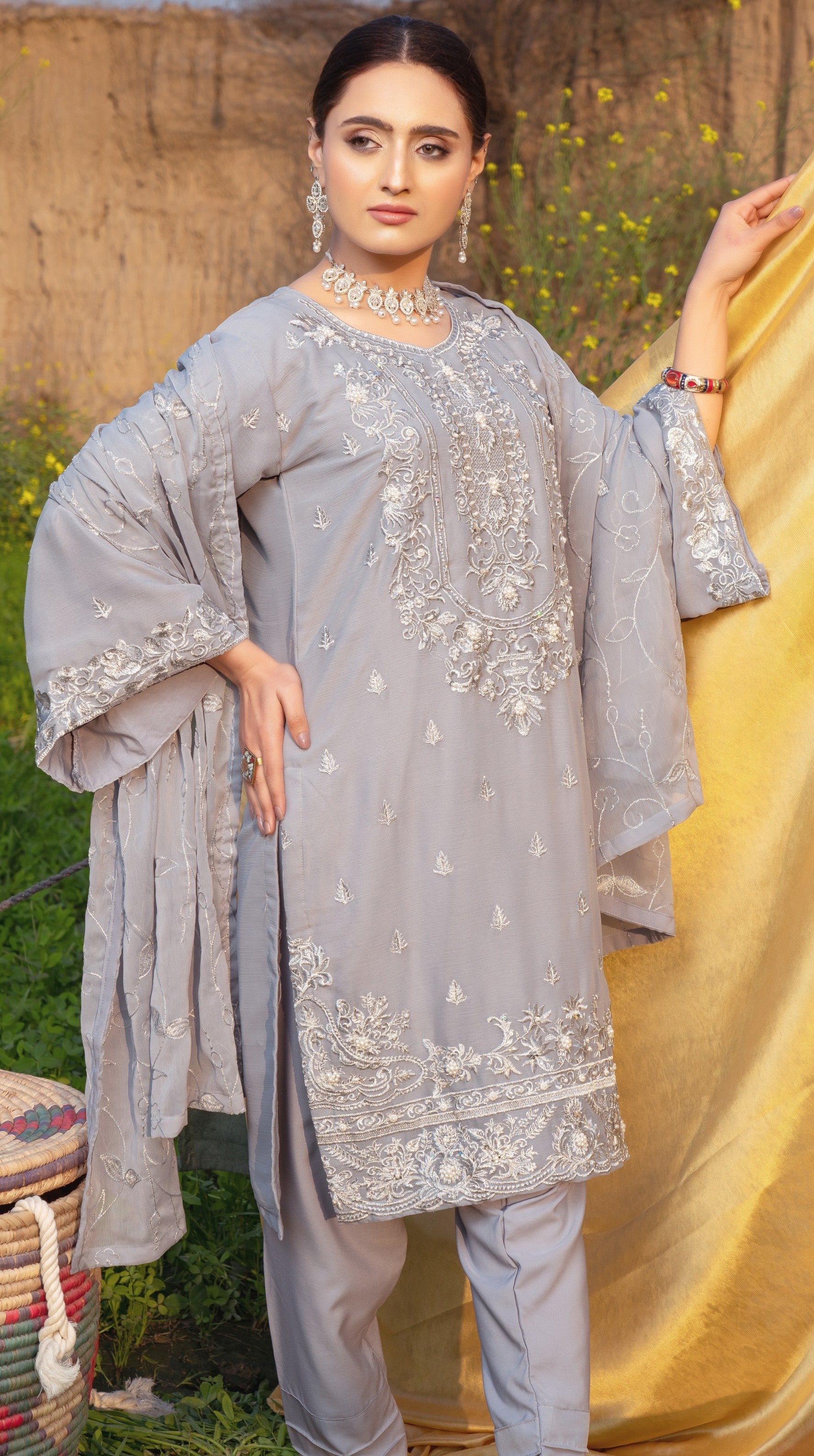 RANG-E-FALAK by Saimb - Stitched Embroidered 3PC Crinkle Chiffon