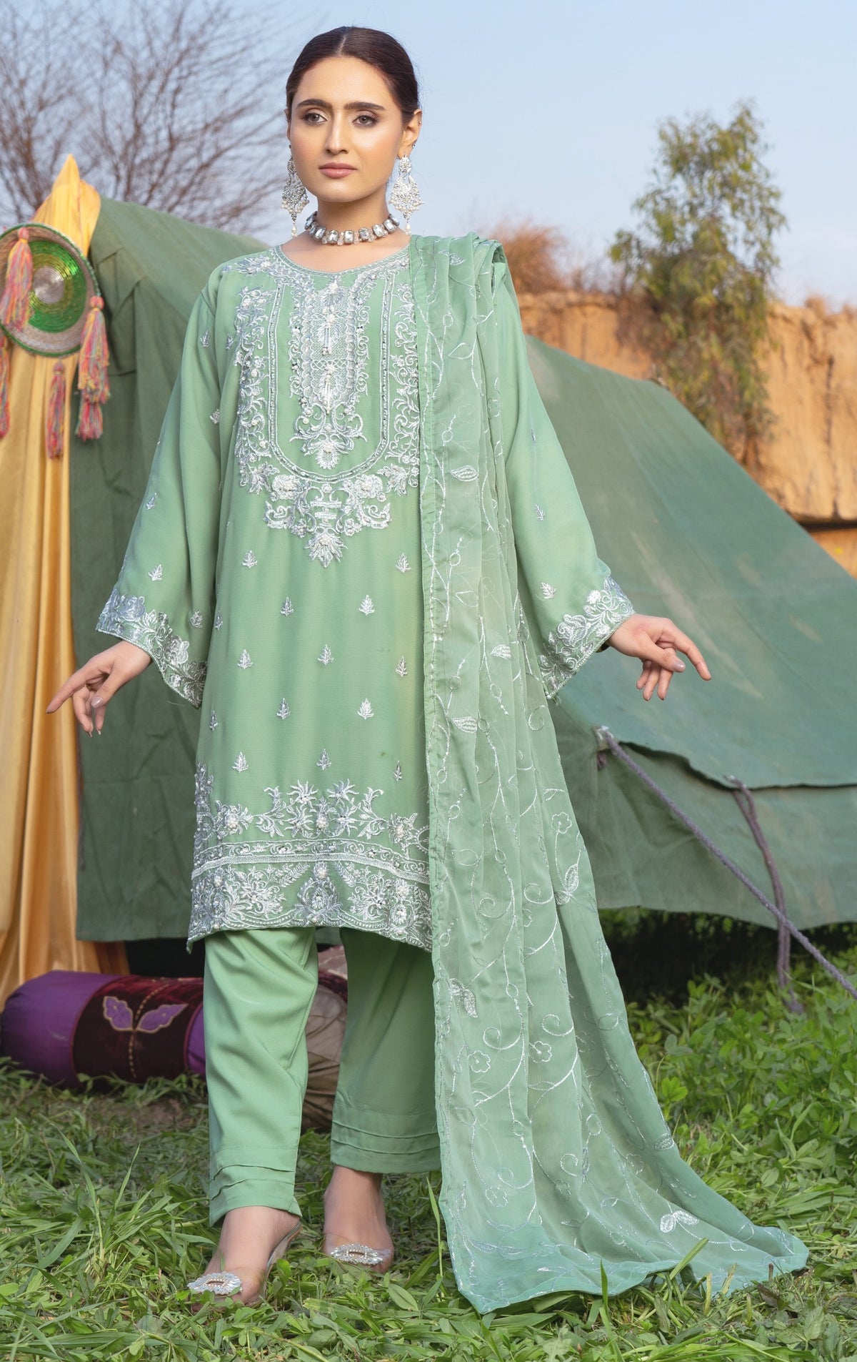 RANG-E-FALAK by Saimb - Stitched Embroidered 3PC Crinkle Chiffon