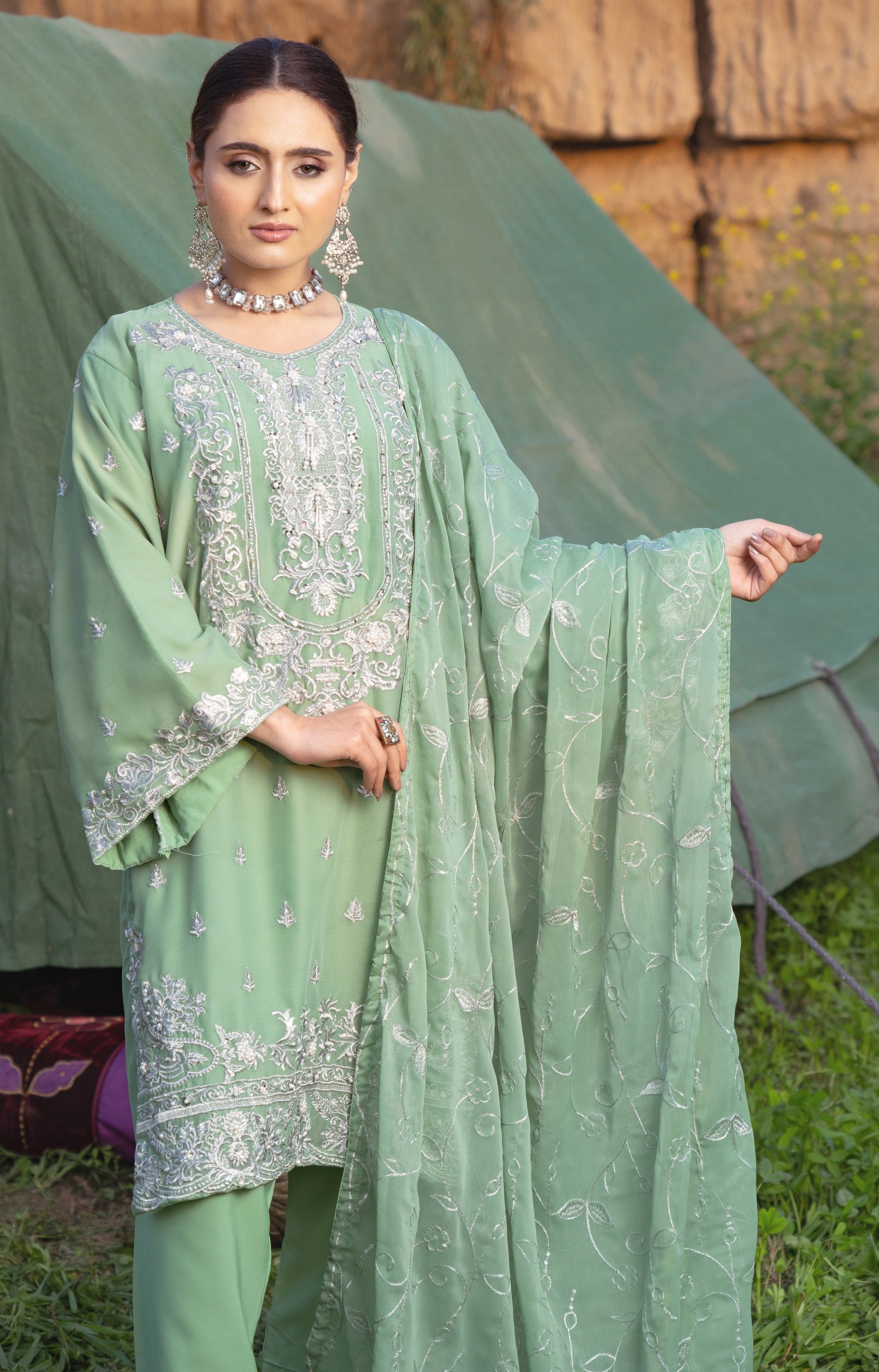 RANG-E-FALAK by Saimb - Stitched Embroidered 3PC Crinkle Chiffon