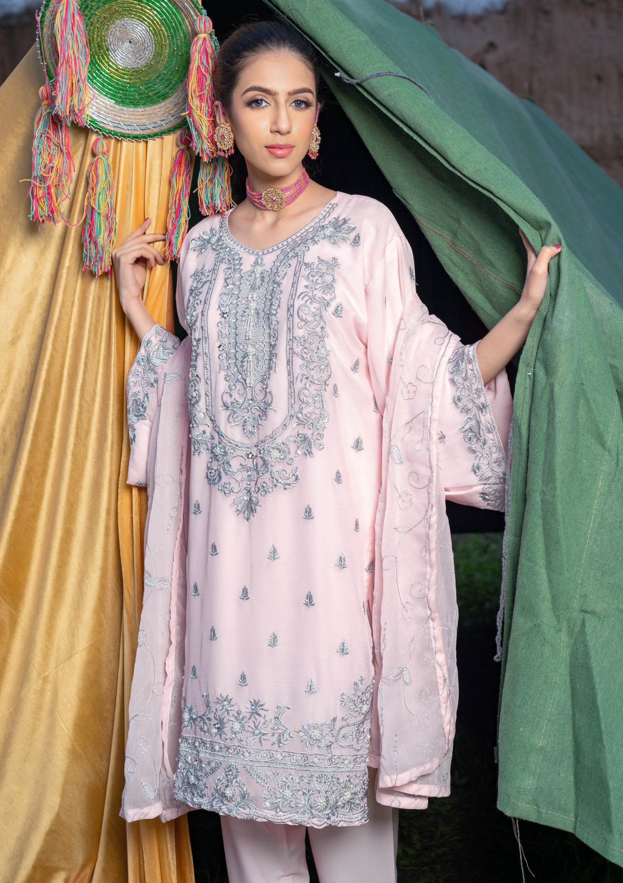 RANG-E-FALAK by Saimb - Stitched Embroidered 3PC Crinkle Chiffon